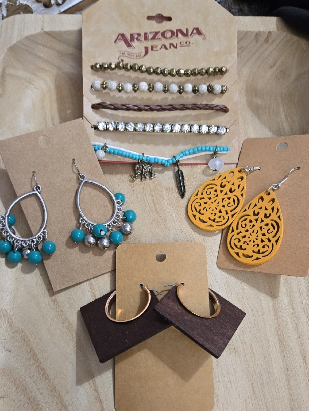 Arizona Jean Co. Bracelet Set &Turquoise Bead Hoop and Mustard Filigree Earrings